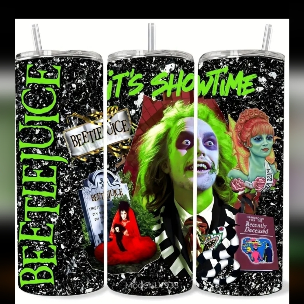 NWT Beetle Juice 20oz Stainless steel tumbler with lid and straw Halloween